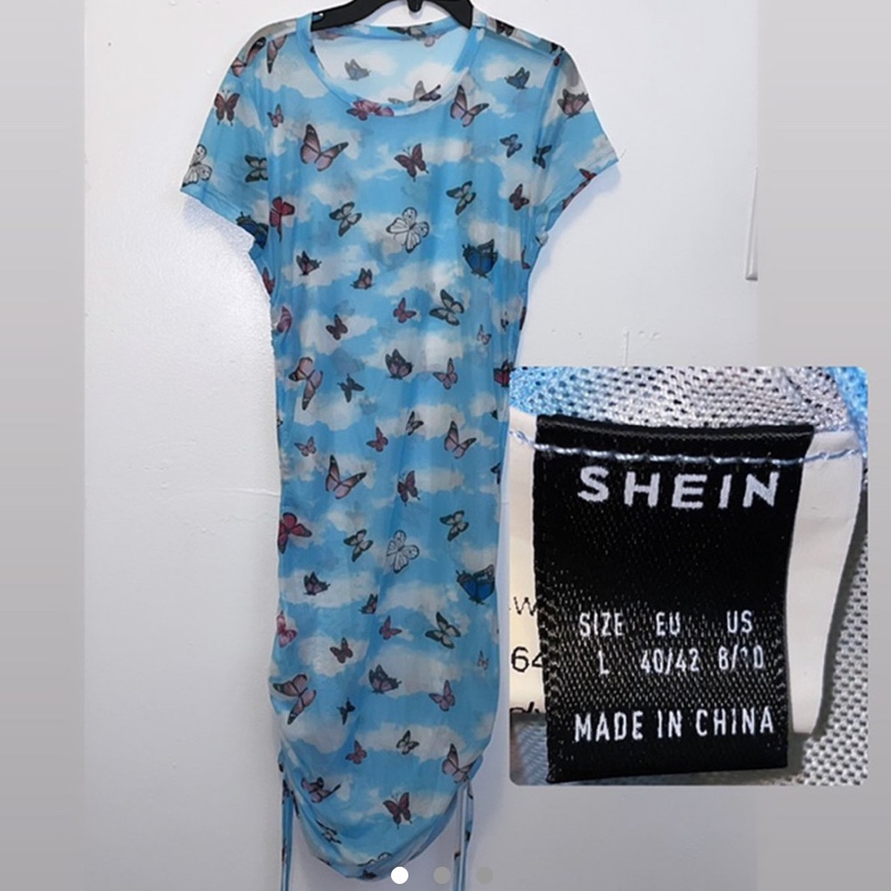 Shein Ruched Side Sheer Butterfly Mesh Dress